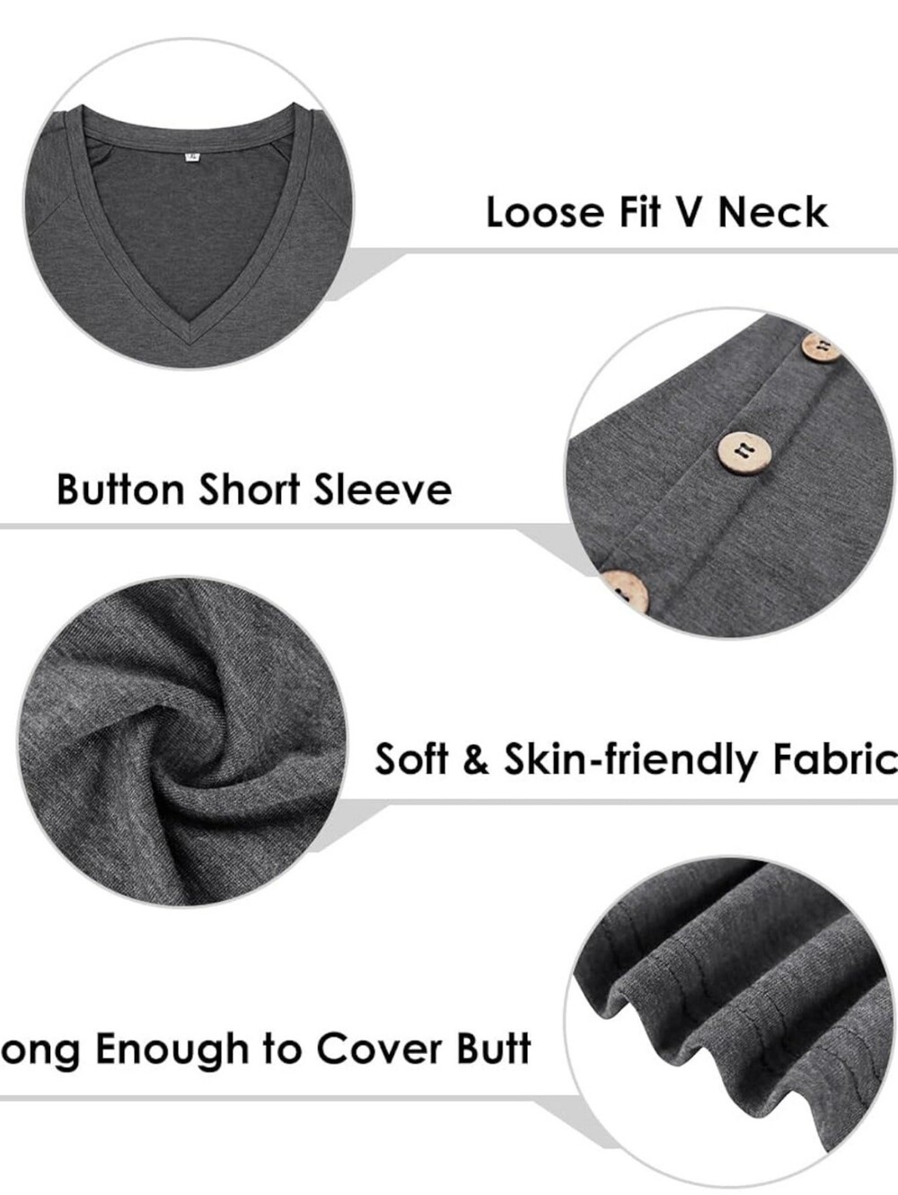 Short Sleeve Button V-neck Tunic Dark Grey Xl - Picture 3 of 4